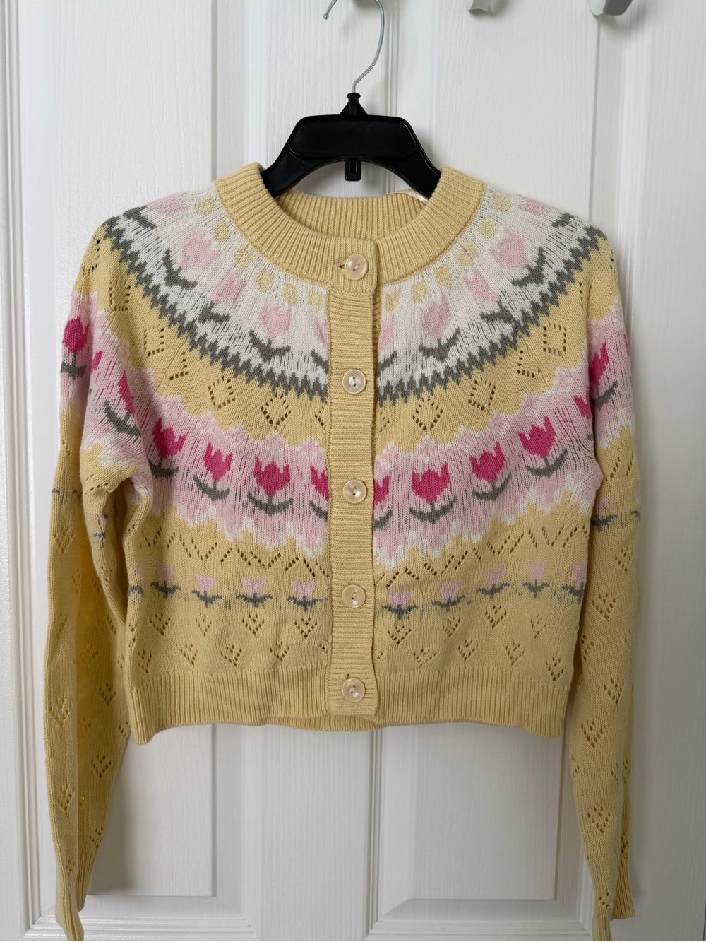 Yellow Floral Fair Isle Button-Up Cardigan Sweater